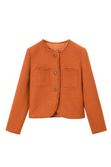Orange Tweed Shawl Lapel Button Cropped Women Coat